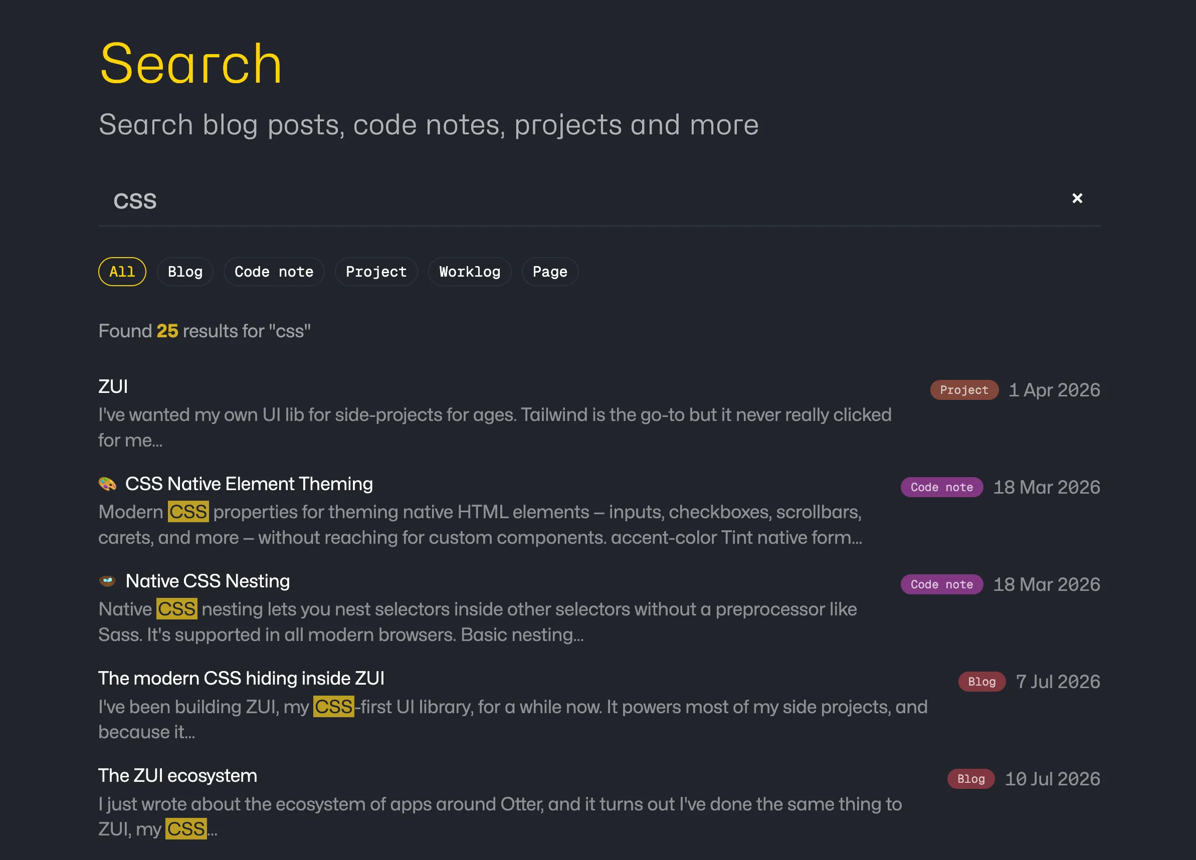 The search page showing results for "css": type-filter pills along the top, then each result with its type badge, date, and a snippet with the matched terms highlighted